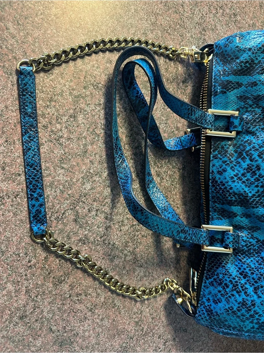 Juicy Couture Teal Snake-Print Shoulder Bag with Gold Chain Accents